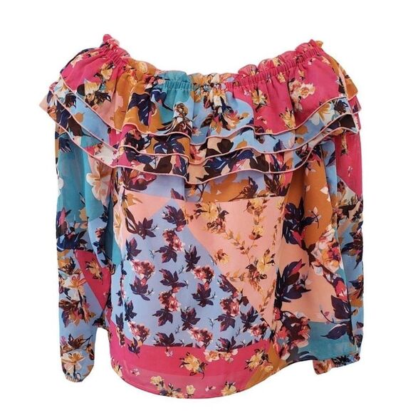 Bar III Off The Shoulder Blouse Top Women's SMALL Pink Blue White Floral Ruffles - Picture 1 of 11